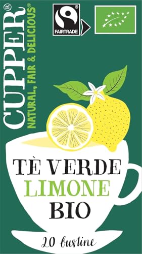 CUPPER Lively Tè Verde con Limone Biologico e Fairtrade, Tè Leggero, Ingredienti da Agricoltura Biologica, Filtri 100% Biodegradabili, Confezione da 20 Bustine