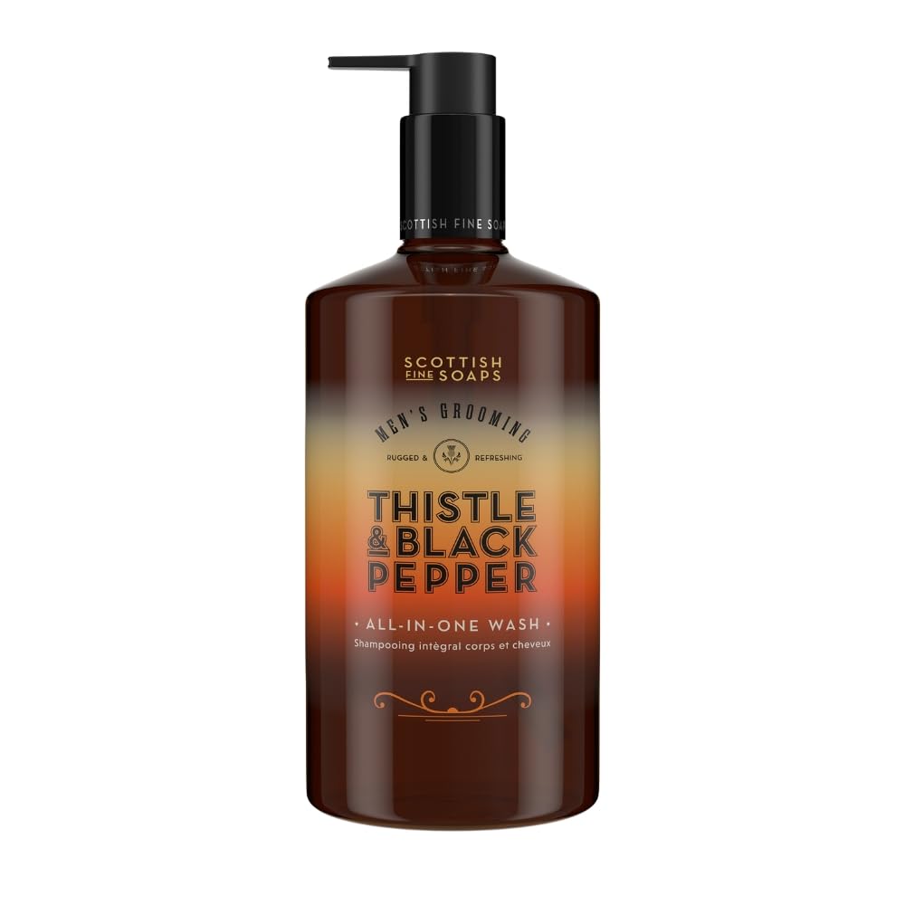 Scottish Fine Soaps Men's Grooming Thistle & Black Pepper All-In-One Wash 500ml – Hair and Body Wash with Magnesium and Oat Extract