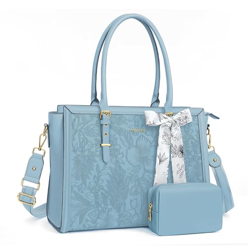 Image of MOSISO Laptop Bag for Women, PU Leather Tote Bag, Front Embossed Retro Hibiscus Computer Bags with Silk Scarf&Clutch Purse