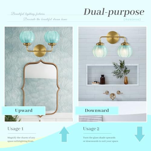 Image of Gold Wall Sconce Set of 2 Vintage Bathroom Vanity Light Blue Glass Shade Globe Wall Sconces Mid Century Wall Light Art Deco Bathroom Lights Over Mirror for Bedroom Hallway Living Room