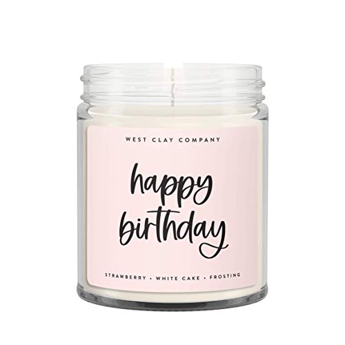 Happy Birthday Candle | West Clay Company | Strawberry Cake Scented Soy Coconut Nontoxic Candles for Home | Luxury Gifts for Women, Birthdate | 8oz Jar, 50 Hour Burn Time