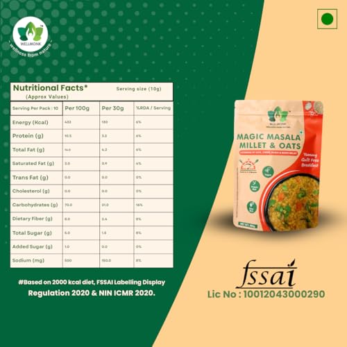 Image of WellMonk Magic Masala Millet & Oats - Healthy Instant Breakfast, Rich in Wholegrains & Vegetables|Vegan|Protein-Rich|Fiber-Rich| Goodness of Oats,Jowar, Bajra&Kodo Millets Pack of 1 400g