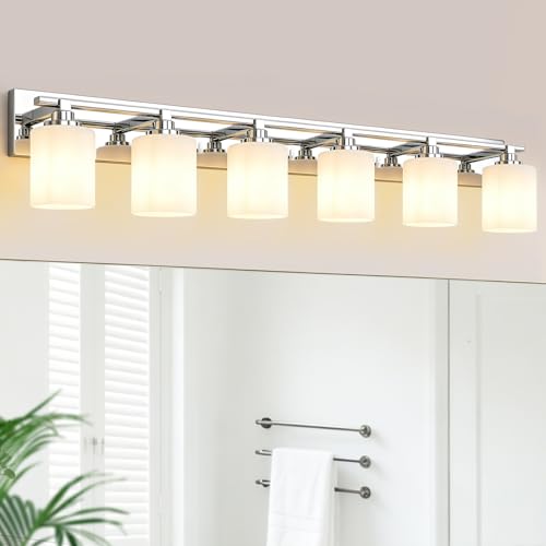 Image of Modern Bathroom Lighting Fixtures Over Mirror, Vanity Lights for Bathroom, Wall Sconces with Milky White Glass Shades, E26 Ceramic Socket, 6-Light 43-inch Chrome