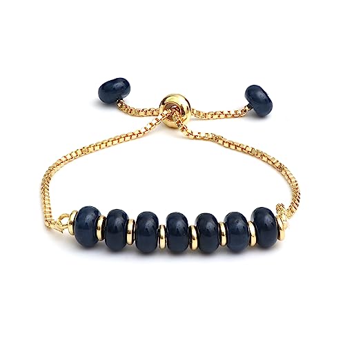 Bracelet de perles rondes naturelles Gempires, bijoux faits à la main plaqués or jaune 14 carats, bracelets réglables pour femmes (Abat-jour saphir)