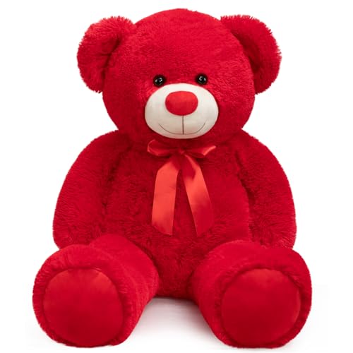 WENMOTDY Big Teddy Bear Stuffed Animal Giant Teddy Bear Plush with Red Ribbon Bow Plush Toy Gift for Girlfriend Bride 36 inch Red