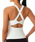Workout Tank Top with Built-in Bra for Women – Cross Back Athletic Yoga Tops Breathable Stretchy Sports Camisole for Gym Pilates White