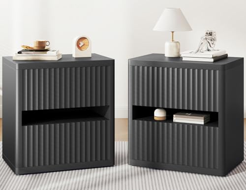 Dripex Fluted Nightstand Set of 2, 22 Wide Night Stand with 2 Large Drawers, Mid Century Modern Wood Bedside Table with Open Shelf, Large Bed Side End Table for Bedroom, Black