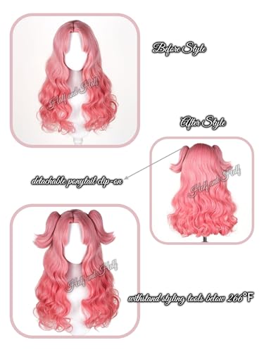 Image of Half and Half Tetia Cosplay Wig Peach Pink Anime Curly Ponytail Wig with Bangs Long Pink Wave Wigs for Women MagicGirl Wizard Halloween Party Daily