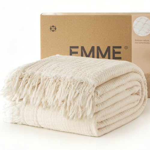 Image of EMME Muslin Throw Blanket with Tassels, 100% Cotton Gauze, Khaki, 50 inchx60 inch | Soft Breathable Gauze Throw, Lightweight, Cozy for Adults Couch Sofa Bed, Gifts for Women Mom, Boho Home Decor, All Season