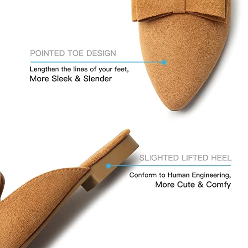 Musshoe Mules For Women Comfortable Pointed Toe Backless Slip-On Slides Loafer Flats With Bowknot,Tan 7 #TOP2