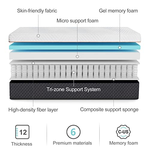 Molblly Queen Mattress - 12-Inch Hybrid Mattress with Individual Pocket Springs and Foam, Queen Size Bed in a Box, Breathable and Pressure-Relieving, Medium, Mattresses Queen Size 60\"*80\"*12\"