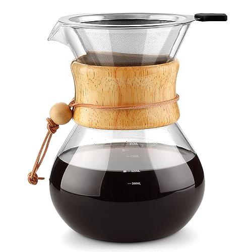 COPOTEA Pour Over Kaffeebereiter mit doppelschichtigem Edelstahlfilter, 800 ml Kaffee-Tropfer Brauer, Borosilikatglas, Kaffeekaraffe, Holzkragen