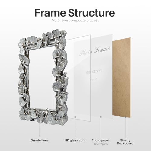 4x6 Silver Picture Frame, Vintage Silver Ornate Leaf Textured Hand-Crafted Resin with Glass Front Antique Photo Frame for Tabletop Display, Retro Design Home Decor