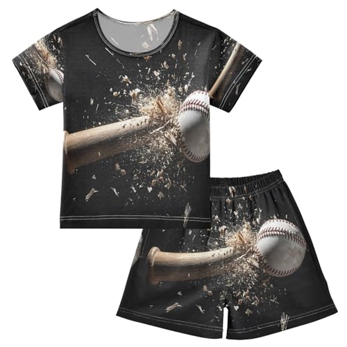 ALAZA Lovely Ball Baseball Bat Black Pajamas Set Short Sleeve Cotton Sleepwear Summer Pjs 2 Piece 5-14Y