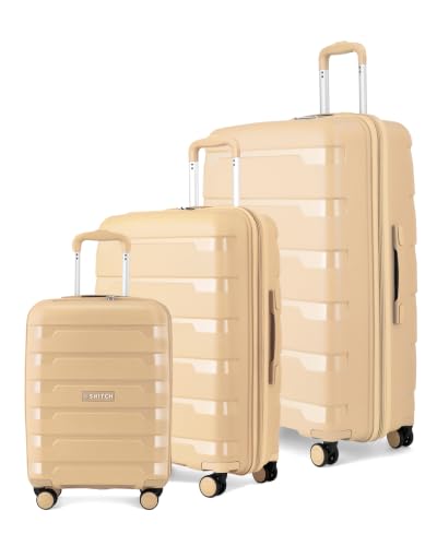 Image of SNITCH Layer 3Pc Set Beige Polypropylene Hard Travel Suitcase - Suitcase for Travel Set of 3 & Luggage with 8 Wheels, Premium Lock, Wet & Dry Pouch & Free Shoe Bag