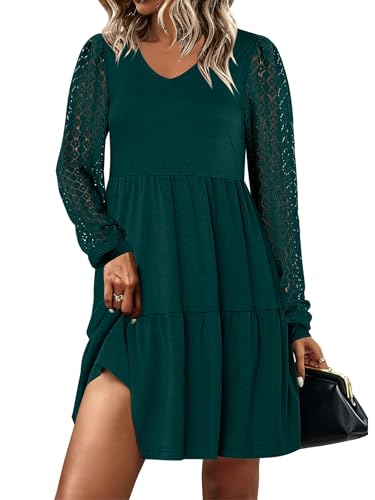 ANRABESS Dresses for Women Casual Lace Long Sleeve V Neck Tiered Swing Flowy Loose A-line Mini Short 2025 Fall Vacation Dress Large Deep Green