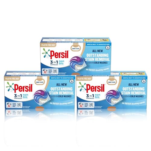 Persil 3 in 1 Non Bio Washing Capsules laundry capsules that are gentle next to sensitive skin with recyclable, plastic-free box* 3x 32 capsules (96 washes)