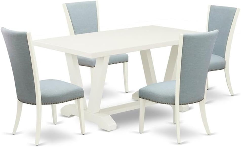 East West Furniture V026VE215-5 5 Piece Dining Room Table Set Includes a Rectangle Dining Table with V-Legs and 4 Baby Blue Linen Fabric Upholstered Chairs, 36x60 Inch, Multi-Color