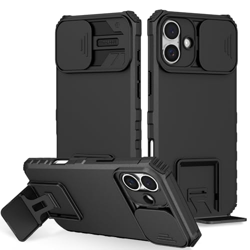 Image of Back Cover Case for Apple iPhone 16 Plus | Sliding Camera Shield | Stereoscopic Stand | 360 Degree Protection Case Cover for i Phone 16 Plus /iPhone 16Plus | PC, Black Back Cover