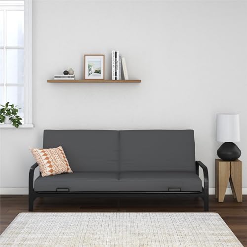 REALROOMS Isiah Black Metal Arm Futon Frame with Gray Microfiber Slipcover
