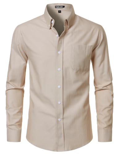Image of PARKLEES Men's Oxford Long Sleeve Formal Button Down Shirts Khaki S