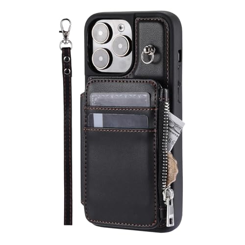 Wallet Case for iPhone 15 Pro Max/15 Plus/15 Pro/15, RFID Blocking Card Case with Wrist Strap, Zipper Leather Handbag (Color : Black, Size : 15Plus) - Main Image