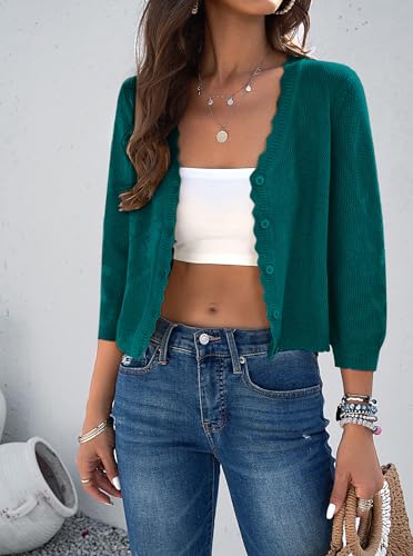 Image of Women Crop Cardigan Sweaters Lightweight 3 /4 Sleeve Button Up Crochet Shrug | Textured Bolero For Dresses Dressy Casual, V Neck, Ladies Eyelet Shawl Thin Trendy