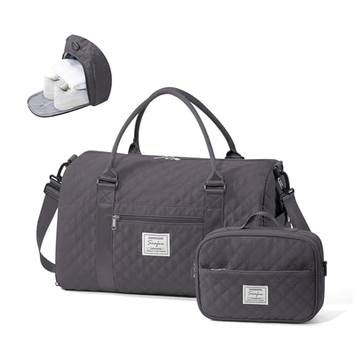Image of Gym Duffle Bag for Women with Shoe Compartment Waterproof Travel Tote Bags Personal Item Carry On Weekender Overnight Bags with Toiletry Bag Swimming Yoga Bags Hospital Holdalls Black Grey