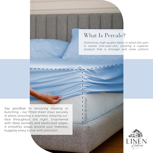 Image of Linen Home 2-Pack Queen Sheet Set, 100% Cotton Percale Bedding, 8-Piece Value Bundle, Deep Pocket Cooling Bed Sheets for Hot Sleepers, Breathable & Crisp Hotel Quality, Long-Staple Cotton, Baby Blue