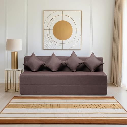 Image of Amazon Brand - Solimo 4 Seater 6 * 6 Jute Fabric Washable Cover Sofa Cum Bed with 4 Cushions 4 Seater Double Foam Fold Out Sofa Cum Bed (Finish Color - Brown Delivery Condition - Pre-Assembled)