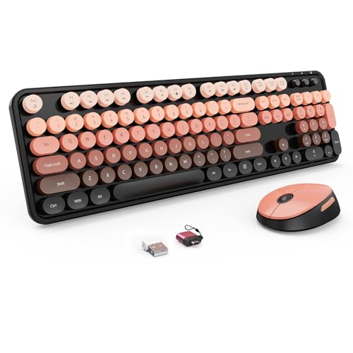 Nowlike Wireless Keyboard and Mouse Combo, Retro Typewriter Keyboard with Round Keycaps, Full-Size Ergonomic, Aurora Red, Ideal for Windows PC, Home, Office, and College