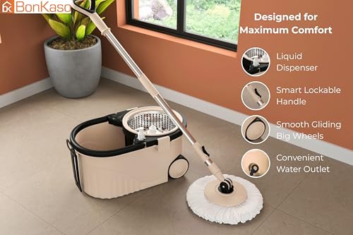 Image of Bonkaso Spin Mop with Stainless Steel Wringer & Big Wheels | 360 Rotating Mop, Adjustable Handle | Easy Floor Cleaning Bucket Set with 2 Microfiber Refills - Beige & Black (46 x 26.5 x 23 cm)