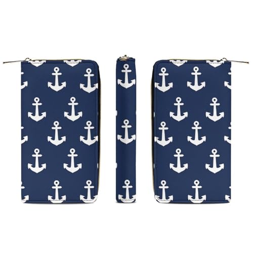 Girl's Long PU Wallet, Travel Purse Fashion Design, Huge Storage Capacity Purse, Cute Decor Zipper Wallet Navy Nautical Anchor3