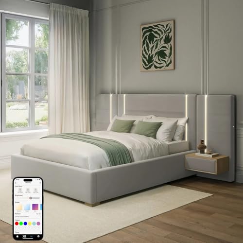 Image of X-Rocker Amelia Double Ottoman Hotel Bed Frame with Underbed App-Controlled LED Lighting and Two Bedside Tables with Drawers, Upholstered Velvet XR LIVING - Grey