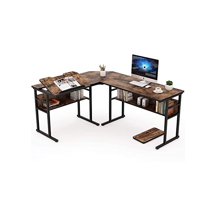 Buy LShaped Desk, Corner Computer Desk with Bottom Bookshelves & CPU