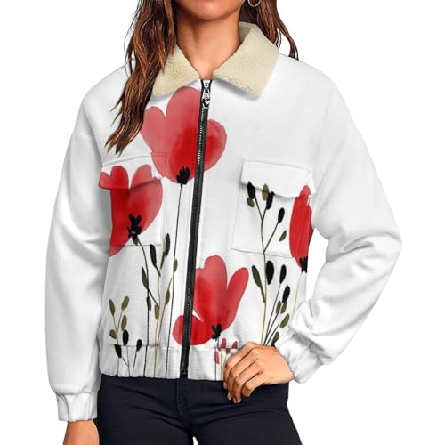 Chaqueta de invierno para mujer con forro polar: tu abrigo largo de flor roja para el frío diario