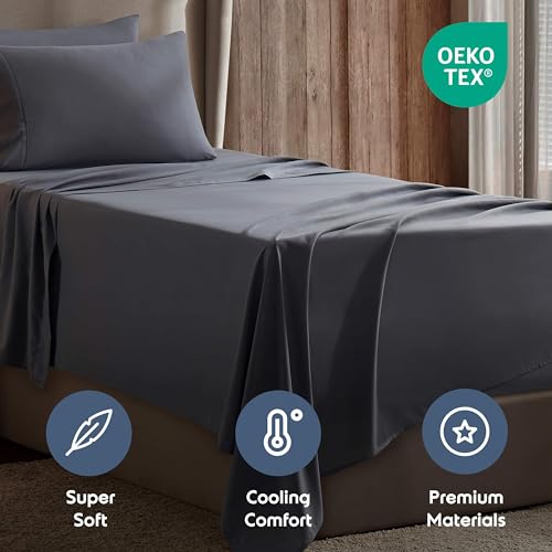 Image of Nestl Twin Bed Sheet Set - Dark Grey - 3-Piece Deep Pocket | Instantly Soft, Night-One Ready (No Wash Required). Fits 16-Inch Deep Pockets, 360-Degree Elastic Grip