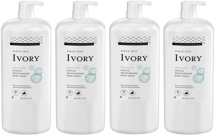 Ivory Gentle Moisturizing Body Wash for Dry, Sensitive Skin, Fragrance-free, 40 oz (Pack of 4)