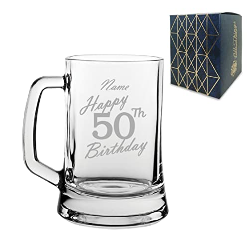 Personalised Engraved Tankard Beer Mug Stein Happy 50th Birthday Handwritten Design Gift Boxed, 16.75oz/495ml Classic Beer Glass, Any Name, Engraved in The UK