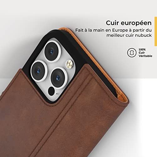 Coque portefeuille iPhone 14 Pro Max en cuir véritable marron d'exception