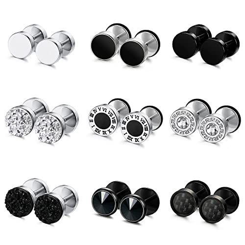 JeryWe 9 Paires Boucle D'oreille de 8mm Homme Femmes d'Acier Inoxydable Boucles Haltères Ronds Faux Plugs/Ecarteur Clous d'oreilles Piercing Cartilage Tragus Oreille