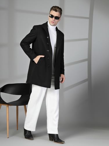 Image of CHKOKKO Men Stylish Long Winter Coat Single Breasted Thigh Length Overcoat with Elegant Spread Collar & Practical Front Side Pockets for Formal or Semi-Formal Occasions
