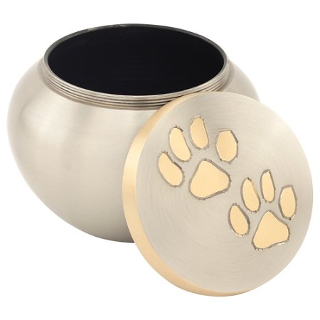 Paw Print Round Pet Cremation Urn for Ashes in Pewter - Medium, Brass, Silver - Dog & Cat Urn - 4 Inches High
