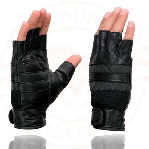 Image of Milwaukee Leather SH198 Men's Black Flame Embroidered Fingerless Gloves with Gel Palm | Padded Comfort; Vibration Relief; Flame Embroidery