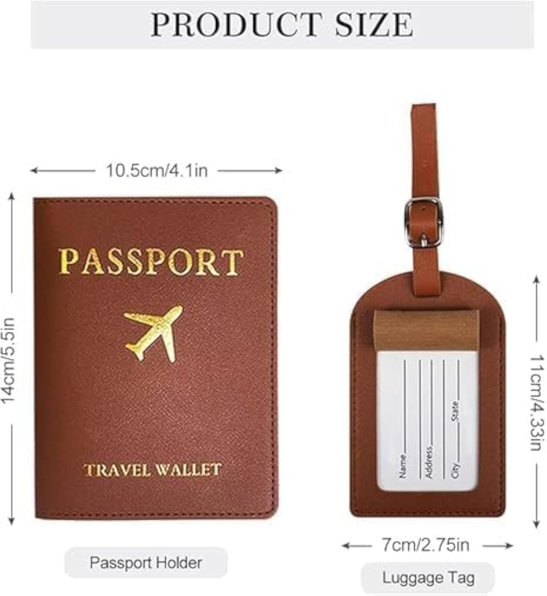 Luggage Tag and Passport Holder Set for Travel, Brown
