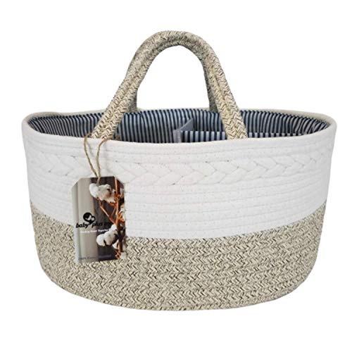 Image of Baby Cotton Rope Diaper Caddy | Chic Portable Nursery Basket with Removable Inserts Large Storage Bin for Baby Essentials Great for Changing Table and Car Organization (White/Beige)