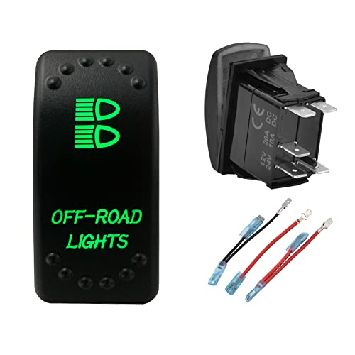 Image of Green Backlit Rocker Switch 5 Pin ON-Off Laser Etched Button Switch with Wires for Car Marine Boat UTV 20A /12V 10A /24V (Off-Road Lights)