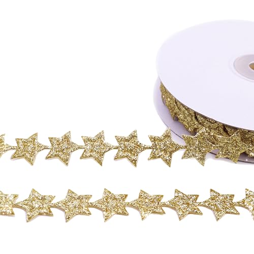 Glitter Star Ribbon Golden Star Sparkly Ribbon Trim Embellishment for Crafts Gift Wrapping Wreath DIY 1 Roll 20 Yards 0.8 Inch