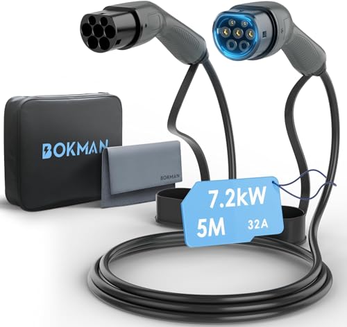 bokman EV Cable de Carga Tipo 2, Modo 3 / 32A / 7,2kW / Monofásico / 5 Metros, Cable de Carga Rápida Híbrido Enchufable para Vehículo Eléctrico Tipo 2 a Tipo 2, BKM37205