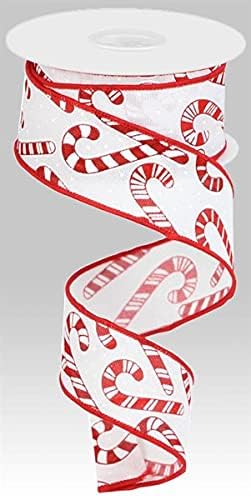 Candy Canes on Faux Canvas Wired Edge Ribbon - 10 Yards (White, Red, 1.5 Inch)
